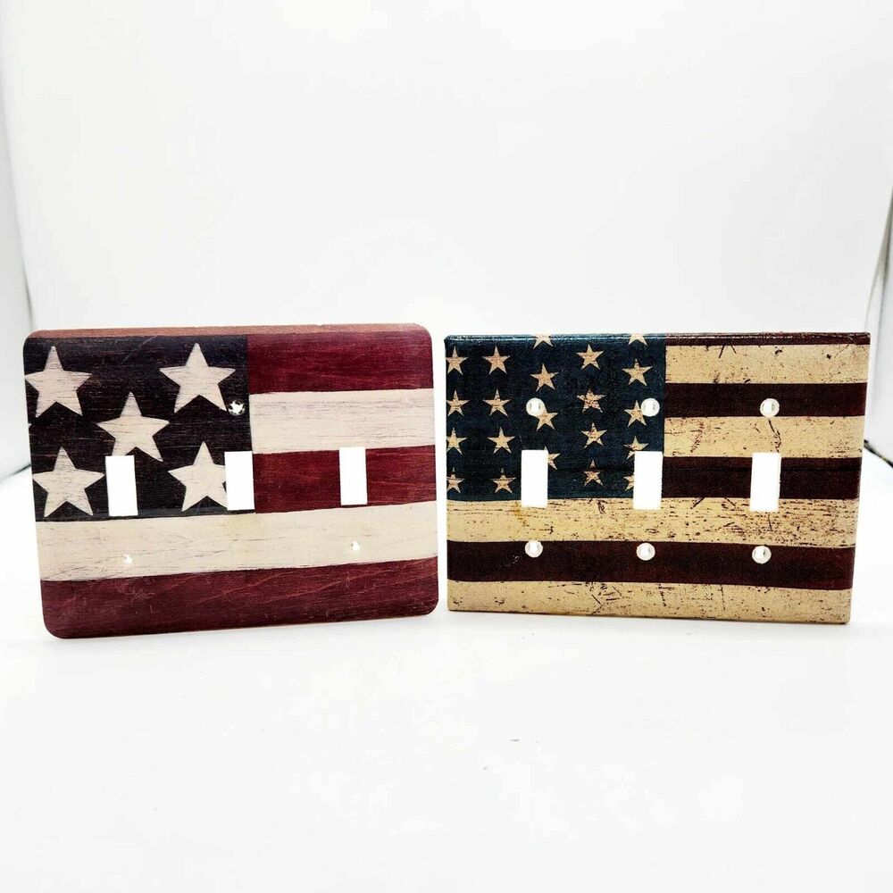 Set of 2 American Flag Patriotic Light Switch Plate Covers Primitive 3 Gang